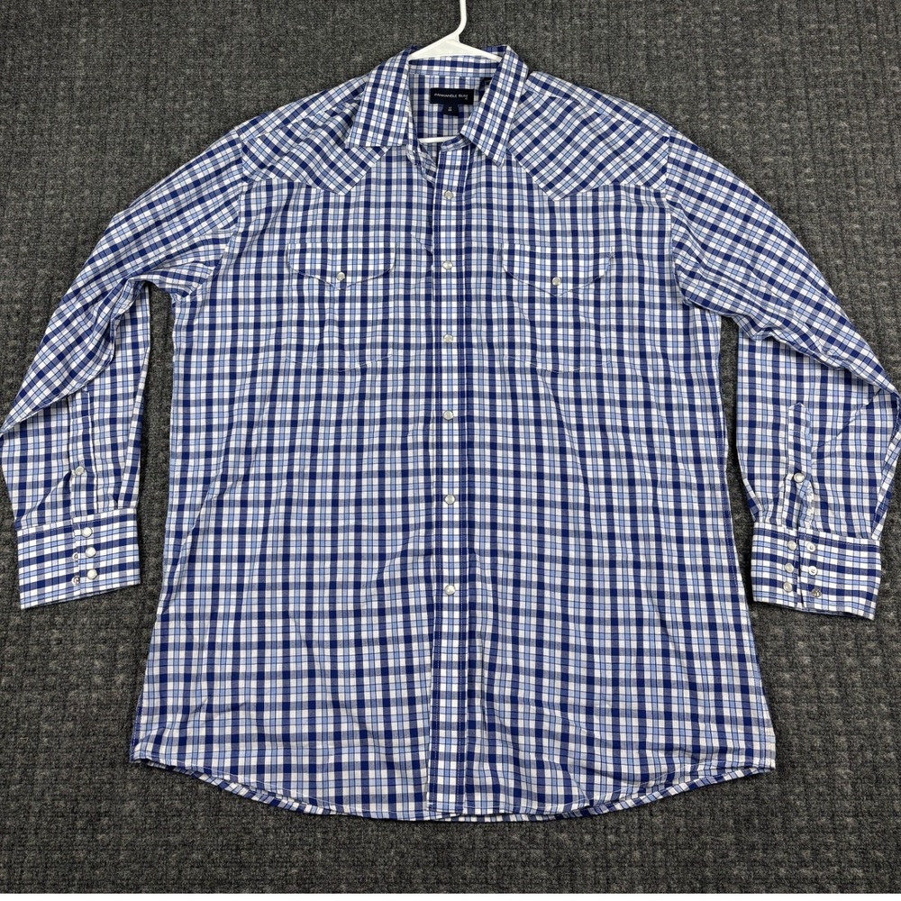 Panhandle Slim Western Pearl Snap Shirt Plaid Blue White Mens 17 35 Long Sleeve